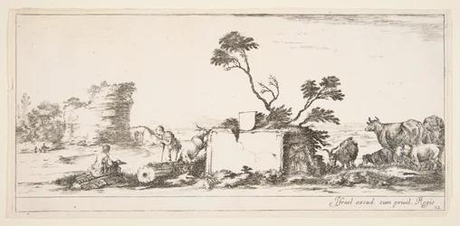 Placa 12: un dibujante sentado a la izquierda, un pastor de pie junto a él a la derecha, ruina..., ca. 1641