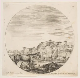 Placa 12: un pastor durmiendo en el suelo a la derecha, tres caballos a la izquierda, otros caballos..., ca. 1646