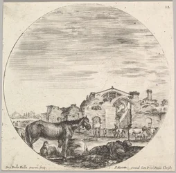 Placa 12: un pastor durmiendo en el suelo a la derecha, tres caballos a la izquierda, otros h..., ca. 1643-48