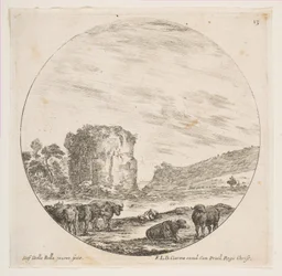 Placa 13: ruinas de un templo en un paisaje romano, de Paisajes y ruinas romanas, ca. 1646