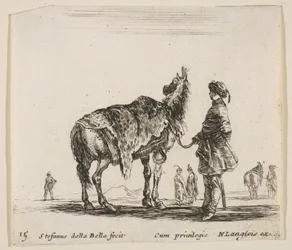 Placa 15: un noble polaco, de espaldas, sosteniendo su caballo cubierto de piel de leopardo, ca. 1644-47.