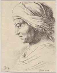 Placa 16: cabeza de un anciano de perfil con un paño atado alrededor de su cabeza, de El B..., ca. 1649