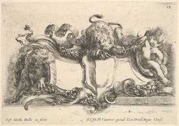 Placa 18: un cartucho que contiene un escudo vacío, dos leonas, una a la izquierda y otra en el centro, 1646