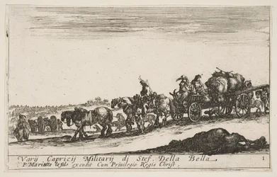 Placa 1: Un carro tirado por caballos que lleva personas y bienes, caballo muerto en primer plano, ca. 1641