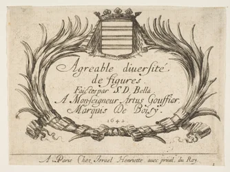 Placa 1: Dos palmas y un escudo de armas enmarcan el título y la dedicación, página del título para 
