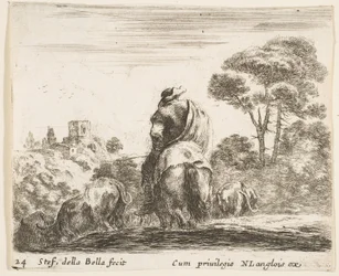 Placa 24: pastor a caballo, visto desde atrás, conduce su ganado colina abajo, ca. 1644-47
