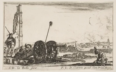 Placa 2: Un cañón a la izquierda, una ciudad al fondo, de Varios caprichos militares, ca. 1641