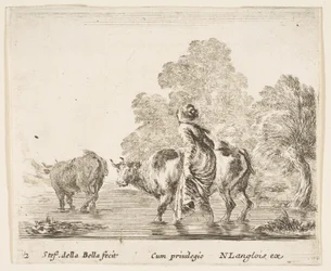 Placa 2: una campesina conduce dos vacas a través de un arroyo, caminando hacia la izquierda, ca. 1644-47