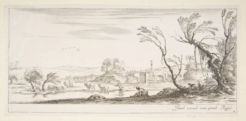 Placa 2: una campesina quitándose los zapatos en el centro, otra campesina y dos niños, ca. 1641