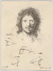 Placa 2: en la parte superior, la cabeza de un joven, vista frontal, en la parte inferior, cuatro ojos, ca. 1649