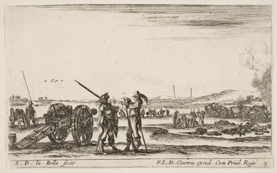 Placa 3: un oficial dando órdenes a un soldado en primer plano, cañón a la izquierda, ca. 1641