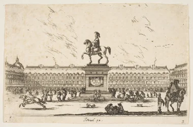 Placa 3: La Place Royale, estatua ecuestre de Luis XIII en perfil mirando a la izquierda en ce..., 1642