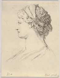 Placa 3: cabeza de una mujer con el cabello trenzado, en perfil hacia la derecha, de Varios, 1650