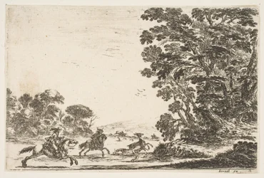 Placa 4: una cacería de ciervos, dos jinetes galopando hacia la izquierda detrás de tres perros y un ciervo, 1642