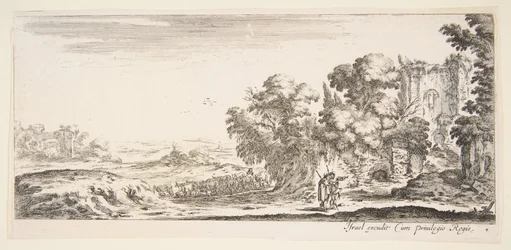 Placa 4: dos peregrinos observando ruinas a la derecha, uno señalando hacia la derecha, un pastor..., ca. 1641