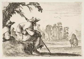 Placa 5: dos peregrinos con sombreros descansan a la izquierda, vistos desde atrás, un jinete cabalga hacia, 1642