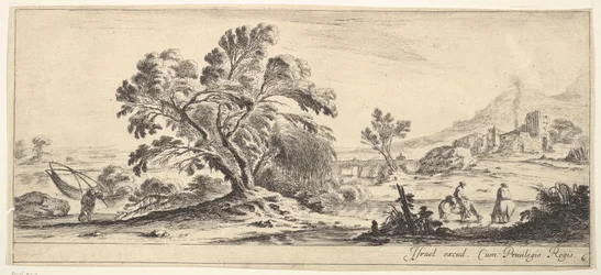 Placa 6: un pescador llevando una red a la izquierda, dos jinetes en un arroyo a la derecha, un árbol, ca. 1641