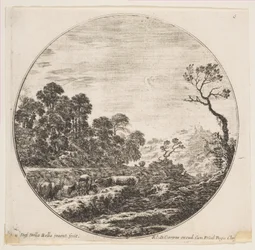 Placa 6: vacas cruzando un valle a la izquierda, un jinete y otras vacas en el fondo, ca. 1646