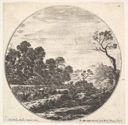 Placa 6: vacas cruzando un valle a la izquierda, un grupo de árboles a la izquierda, un jinete y otros, ca. 1643-48