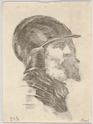 Placa 6: cabeza de un viejo soldado barbudo con casco mirando a la derecha, de Varias cabezas, 1650