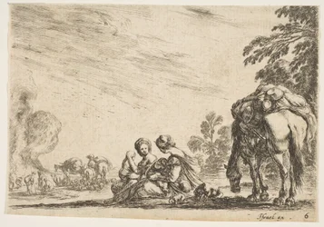 Placa 6: dos mujeres, una amamantando a un niño, sentadas junto a un perro y un caballo con una carga..., 1642