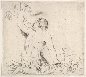 Placa 7: un tritón en el agua, mirando a la izquierda, sosteniendo una anguila en su mano derecha, ca. 1646