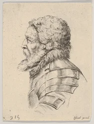 Placa 7: busto de un soldado barbudo con armadura, mirando a la izquierda en perfil, de Varios...