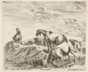 Placa 7: dos caballos ascendiendo la orilla de un río a la derecha, siguiendo una procesión