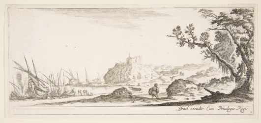 Placa 7: varios barcos en la orilla a la izquierda, un hombre cargando una bolsa, ca. 1641