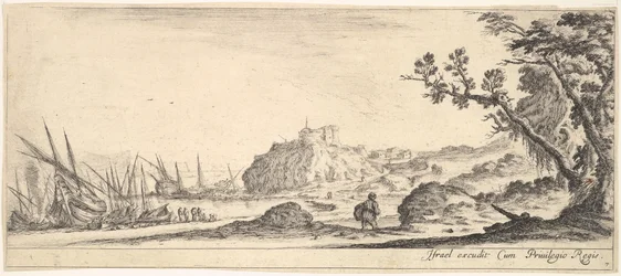 Placa 7: varios barcos en la orilla a la izquierda, un hombre cargando una bolsa, visto desde atrás, ca. 1641