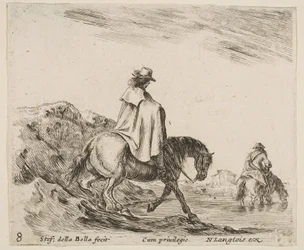 Placa 8: un jinete desciende una ribera, otro jinete en el río a la derecha, de ..., ca. 1644-47