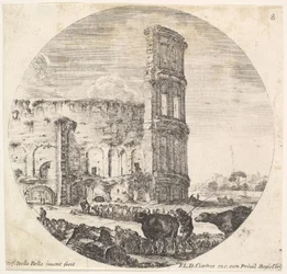 Placa 8: el Coliseo, dos rebaños siendo dirigidos hacia el anfiteatro en el fondo, ca. 1643-48