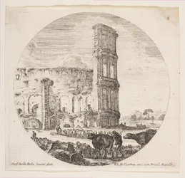 Placa 8: el Coliseo, dos rebaños siendo dirigidos hacia el anfiteatro en el primer plano, ca. 1646