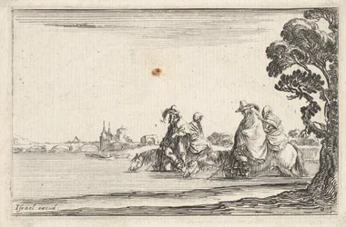 Placa 8: dos jinetes con sombreros a la derecha, cada uno con una mujer sentada detrás de ellos, montando, ca. 1642