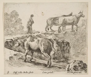 Placa 9: una vaca subiendo un banco, una campesina guiando dos vacas a través de un puente