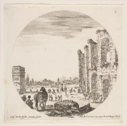 Placa 9: el Arco de Constantino a la izquierda, parte del Coliseo a la derecha, varios caballos...