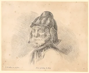 Retrato de un hombre barbudo con casco, de tres cuartos hacia la izquierda