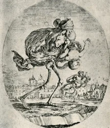 Reproducción de grabado del conjunto de Cinco Muertes, por Stefano della Bella, 1906