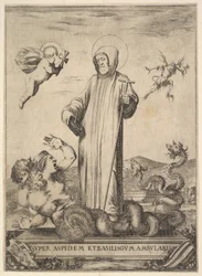 San Juan Gualberto pisoteando un monstruo con dos cabezas humanas y un cuerpo serpentino, un vuelo, 1640