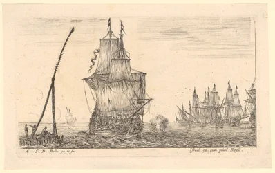 Paisaje marino con un gran barco y un faro en primer plano