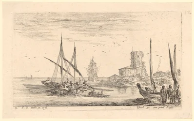 Paisaje marino con varios barcos y una torre antigua en la playa