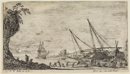 Paisajes marinos (Paysages maritimes): puerto marítimo con marineros y trabajadores que transportan troncos