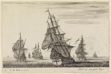 Paisajes marítimos (Paysages maritimes): un barco izando velas en primer plano y otros en el fondo