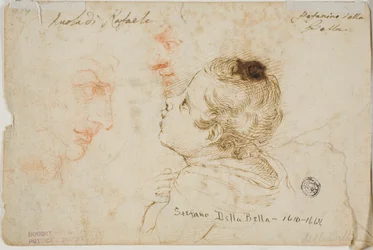 Bocetos de niño rezando, dos perfiles masculinos (anverso); bocetos de cabezas masculinas (reverso)