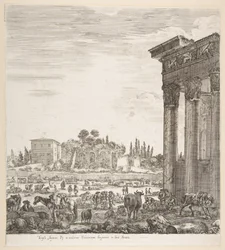 Las columnas del Templo de Antonino a la derecha, una parte del Campo Vaccino en el centro, 1656