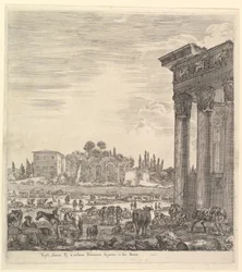 Las columnas del Templo de Antonino a la derecha, una parte del Campo Vaccino en el centro, 1656