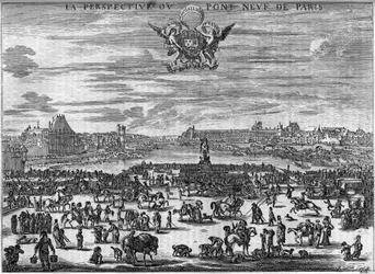 La tierra del Pont Neuf de París en 1646 según el grabado de Dela Bella.