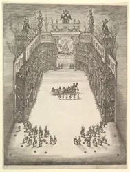 Teatro en Módena, visto desde arriba y lleno de espectadores, con un carro triunfal en el centro, 1652