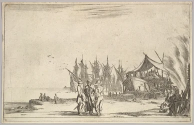 Tres hombres con sombreros de pie en el centro, hombres reparando un barco a la derecha, cinco barcos y varios, 1639