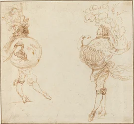 Dos hombres en disfraces de mascarada: La Tierra y un casco de desfile, c. 1645